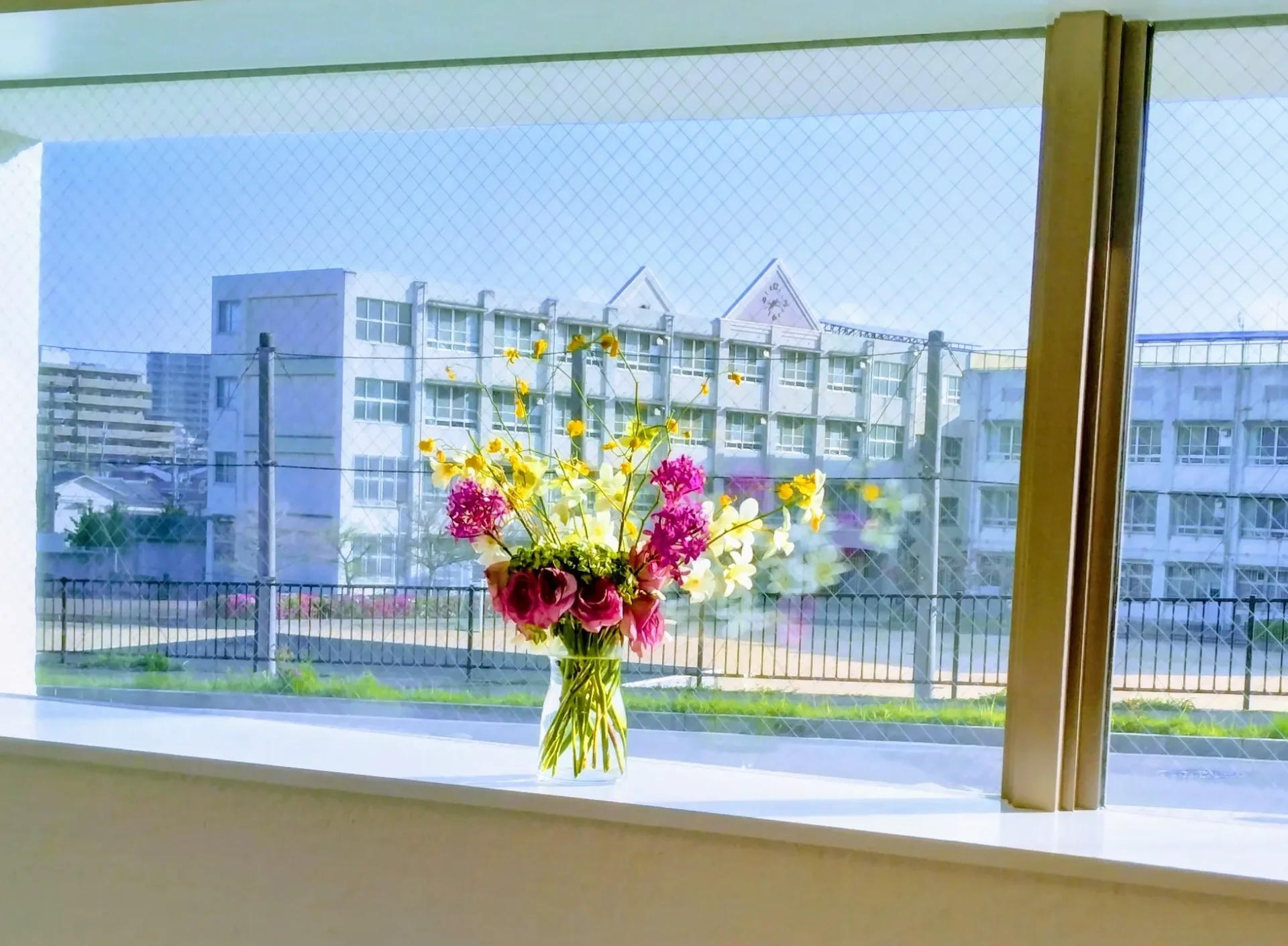 歯科医院の待合室に置かれた花と上野芝小学校の校舎